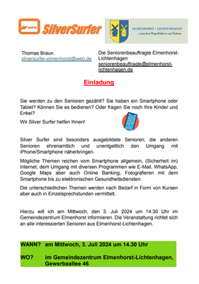 Einladung Info Veranstaltung Silversurfer 03.07.2024 Elmenhorst © Gemeinde Elmenhorst / Lichtanhagen