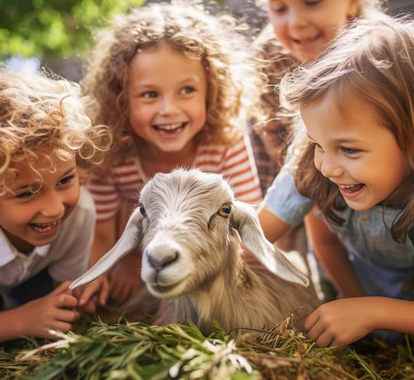 lachende Kinder sehen sich eine Ziege an